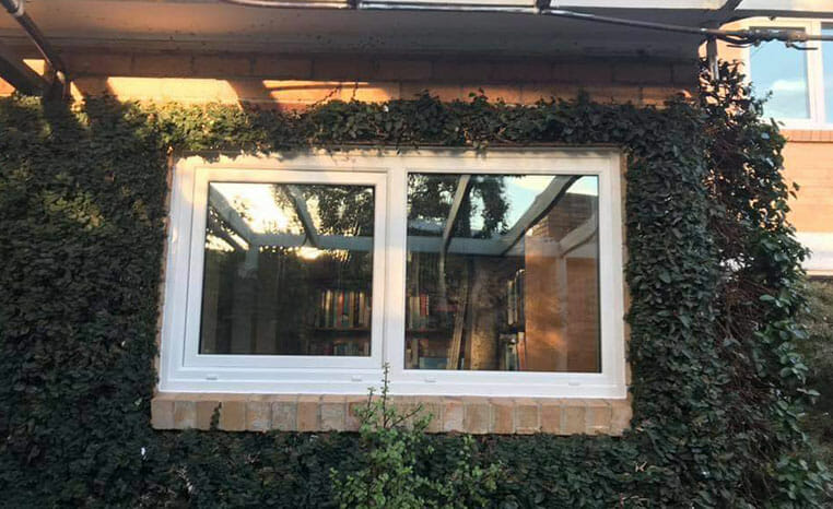 White UPVC fixed window surrounded by ivy on a home exterior