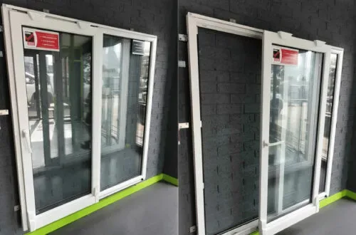 UPVC tilt-and-slide window demonstrated open and closed in the showroom